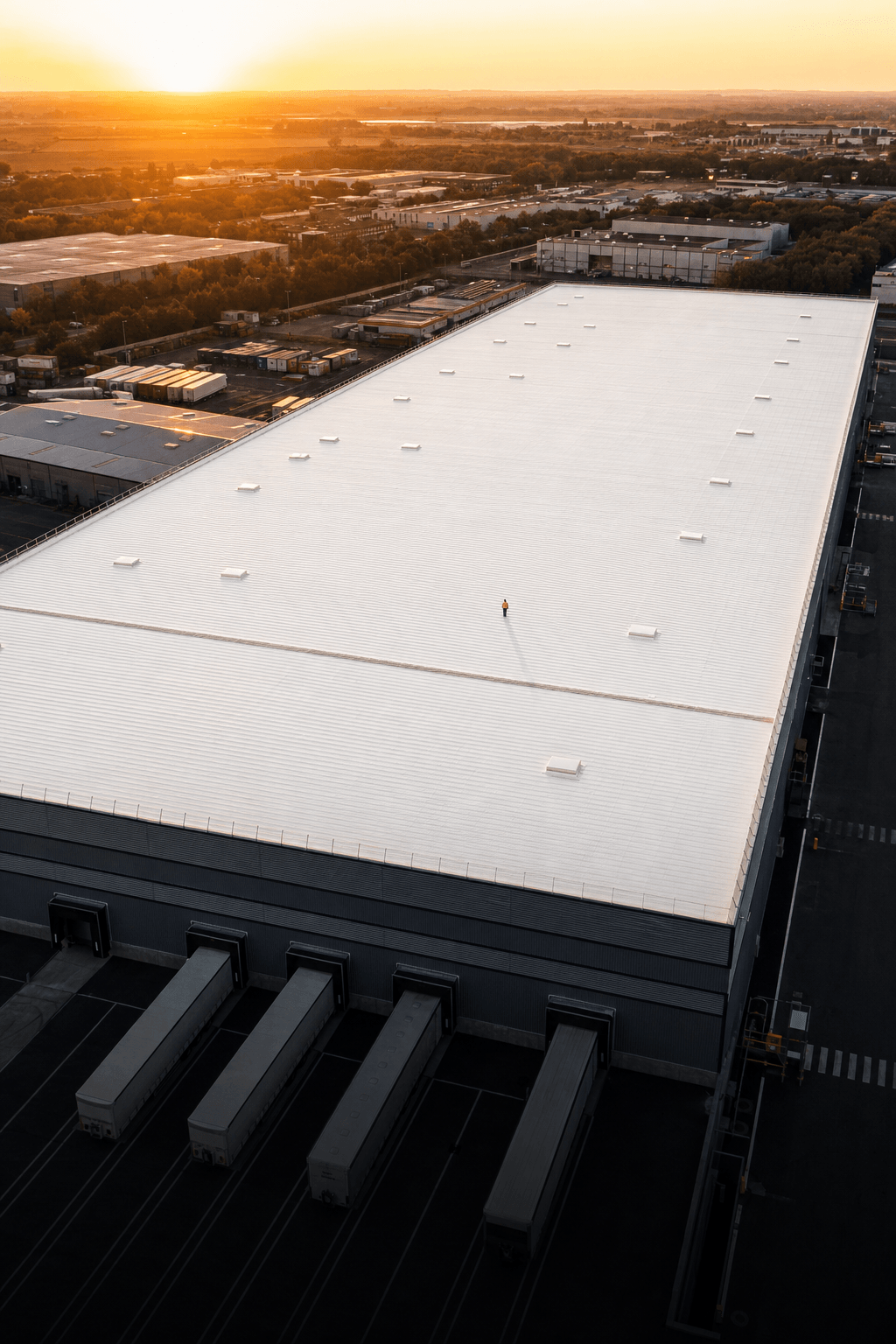 Vista aérea de una nave logística con cubierta cool roof blanca reflectante