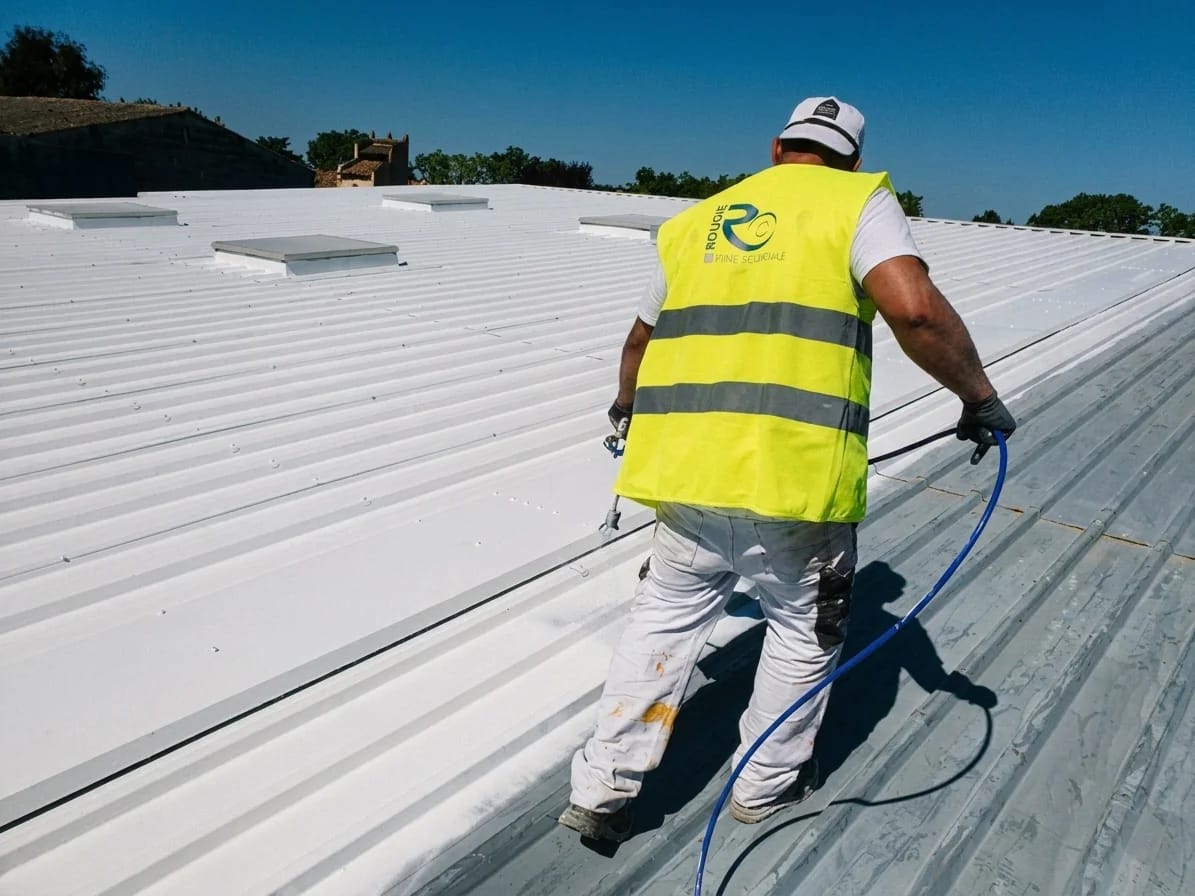 Application de CovaMetal 20 peinture cool roof sur toiture bac acier corrodé