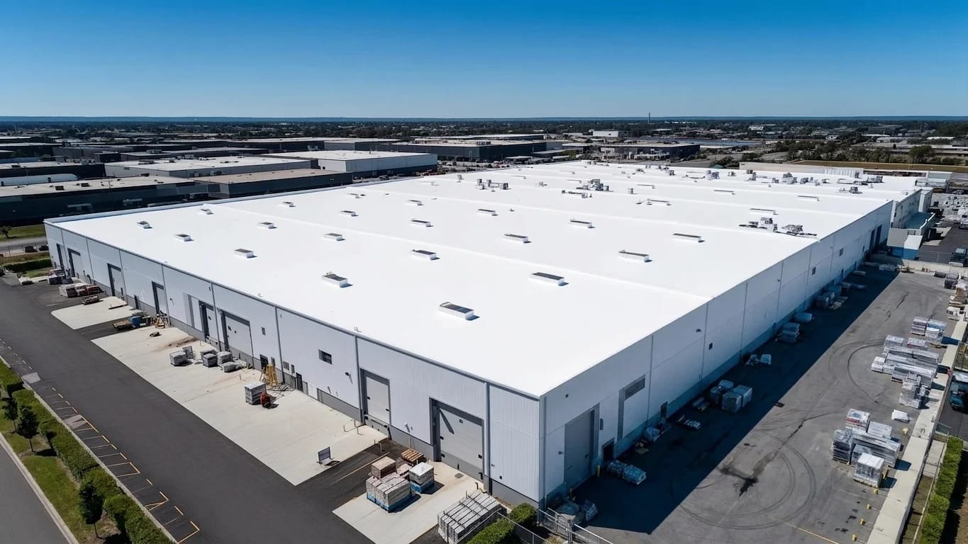 Industrial roof with reflective white Cool Roof coating