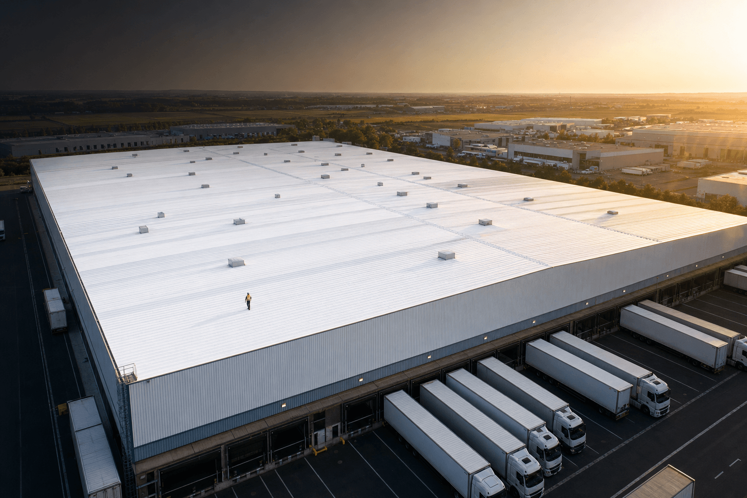 Aerial view of a French logistics warehouse with reflective white cool roof