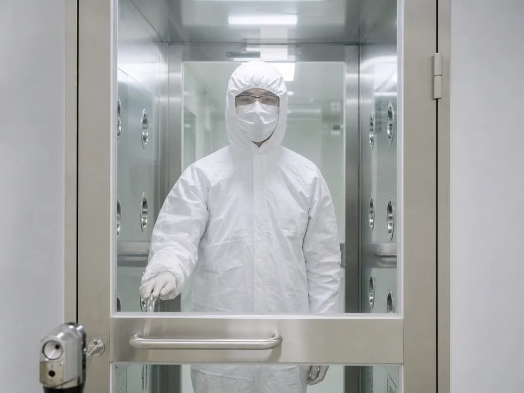Sas d'accès contrôlé d'une salle blanche pharmaceutique