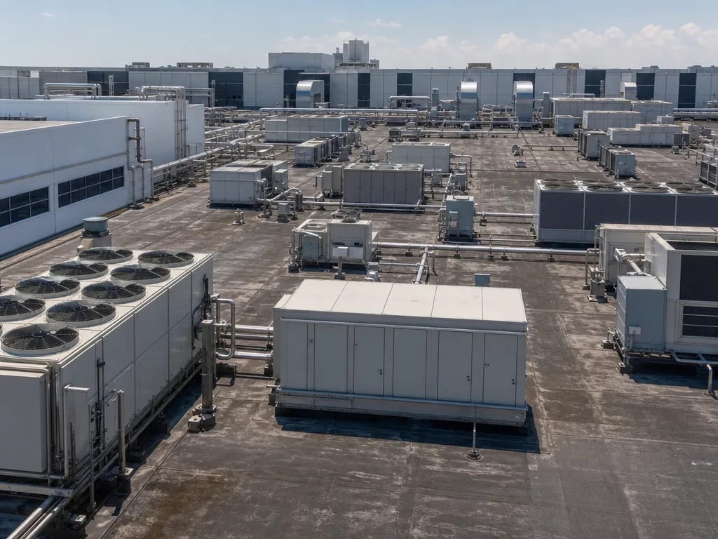 Toiture pharmaceutique couverte d'unités de climatisation au soleil