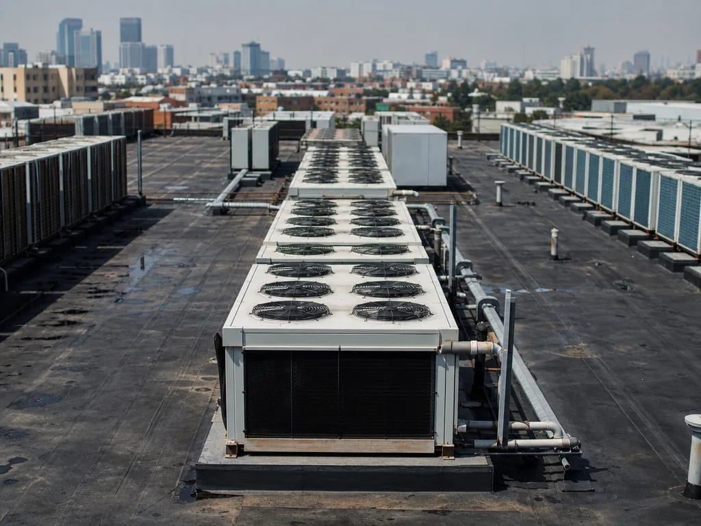 Groupes de climatisation sur une toiture industrielle sombre