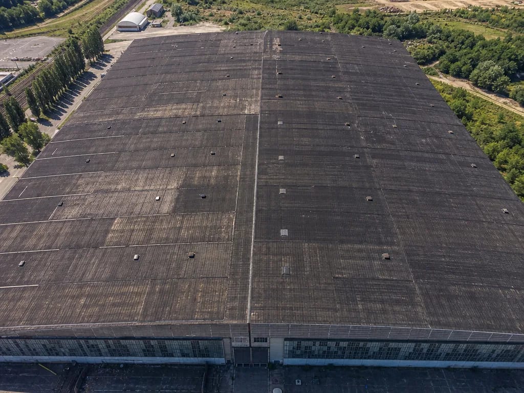 Vaste toiture de hangar sombre et vieillissante vue du ciel