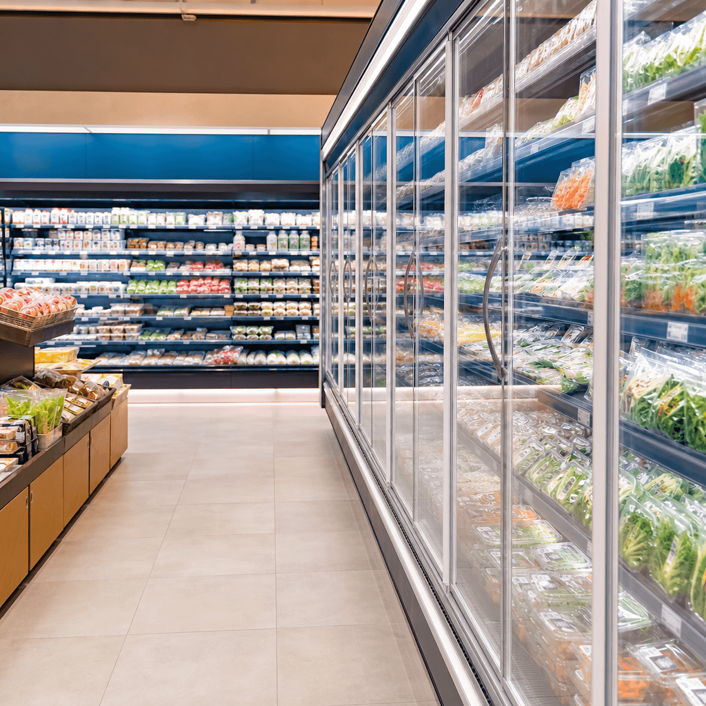 Fresh produce section of a supermarket with refrigerated display units