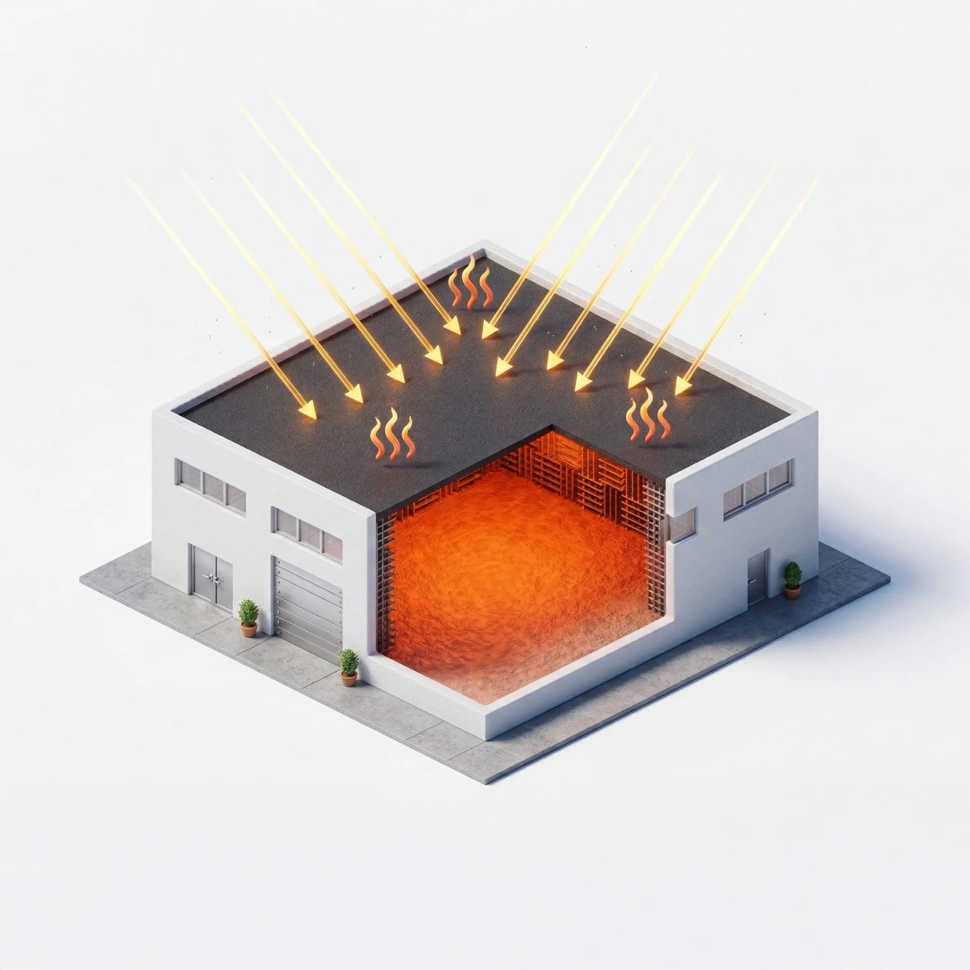 Industrial warehouse without cool roof, thermal absorption