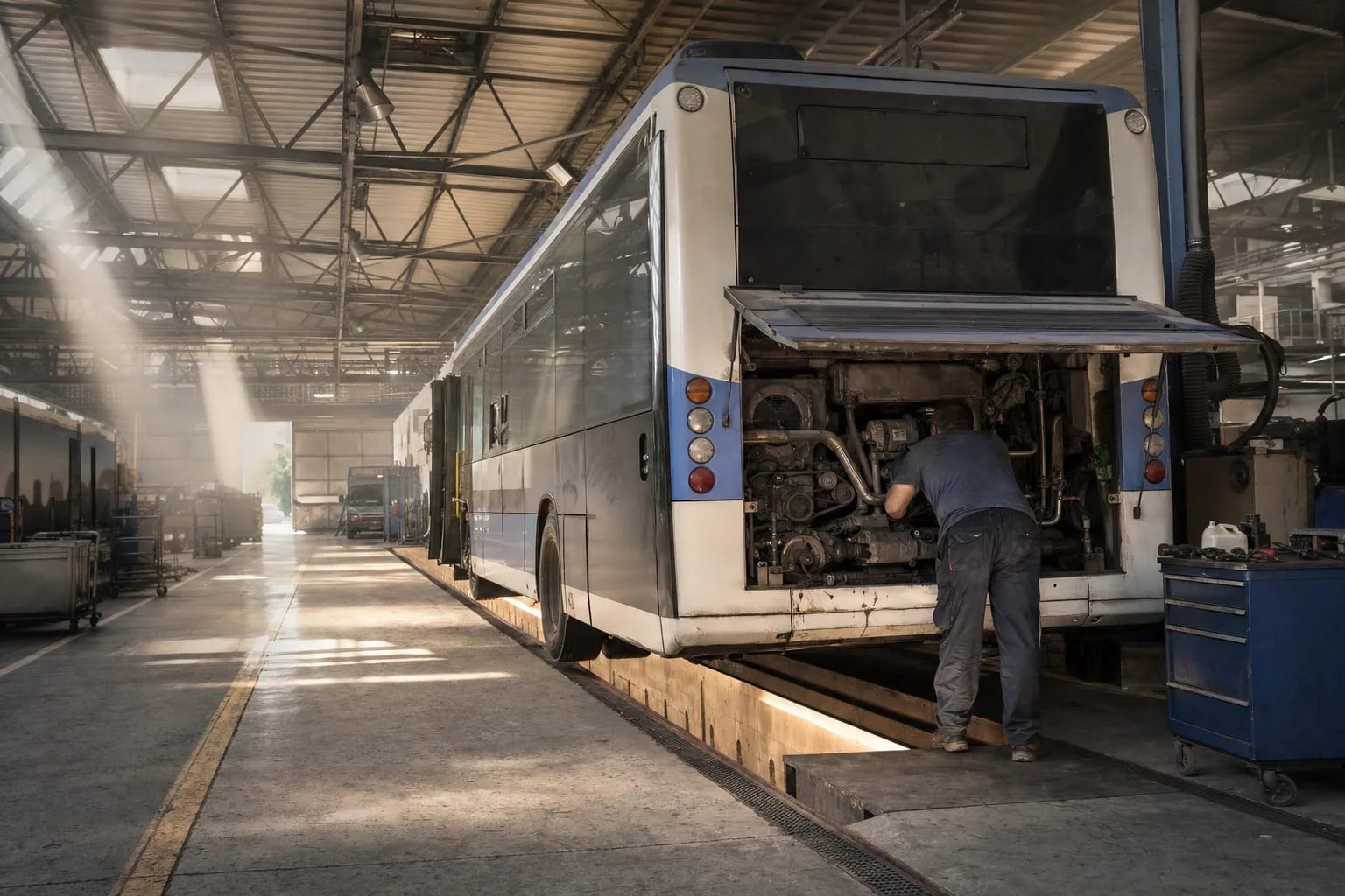 Taller de mantenimiento de autobuses en verano, mecánico trabajando bajo una cubierta metálica