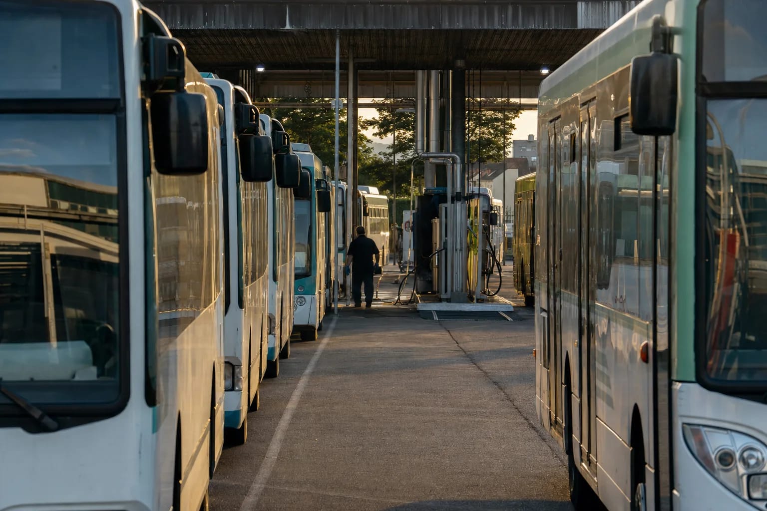 Autobuses estacionados en línea en un depósito en explotación