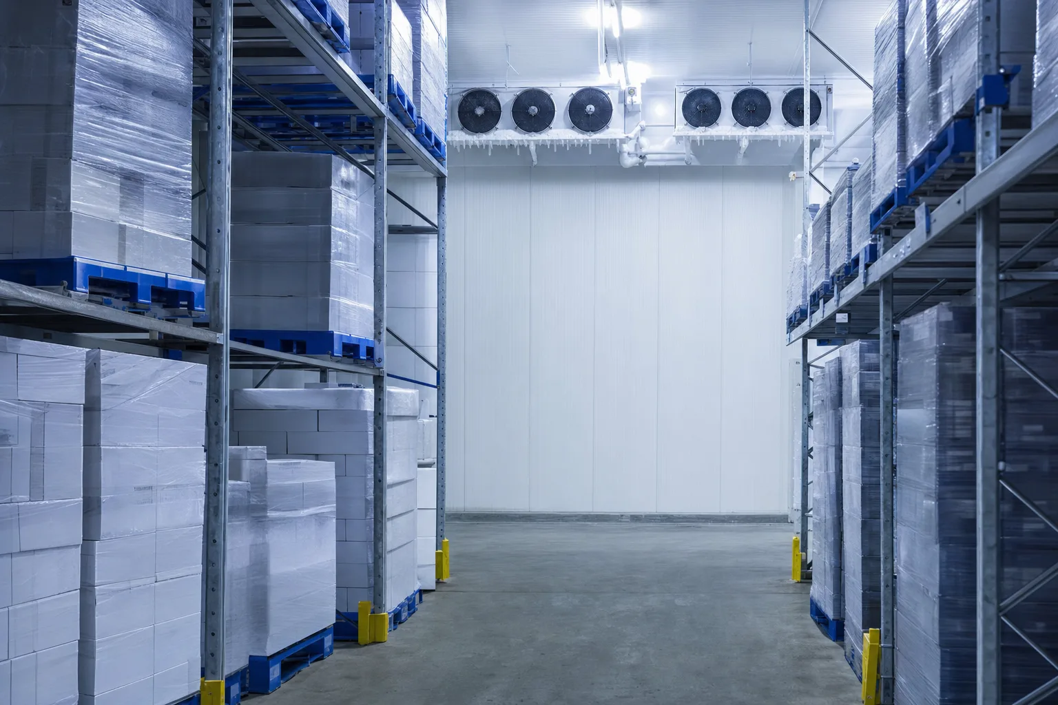 Cámara frigorífica de un centro agroalimentario con palés de productos refrigerados