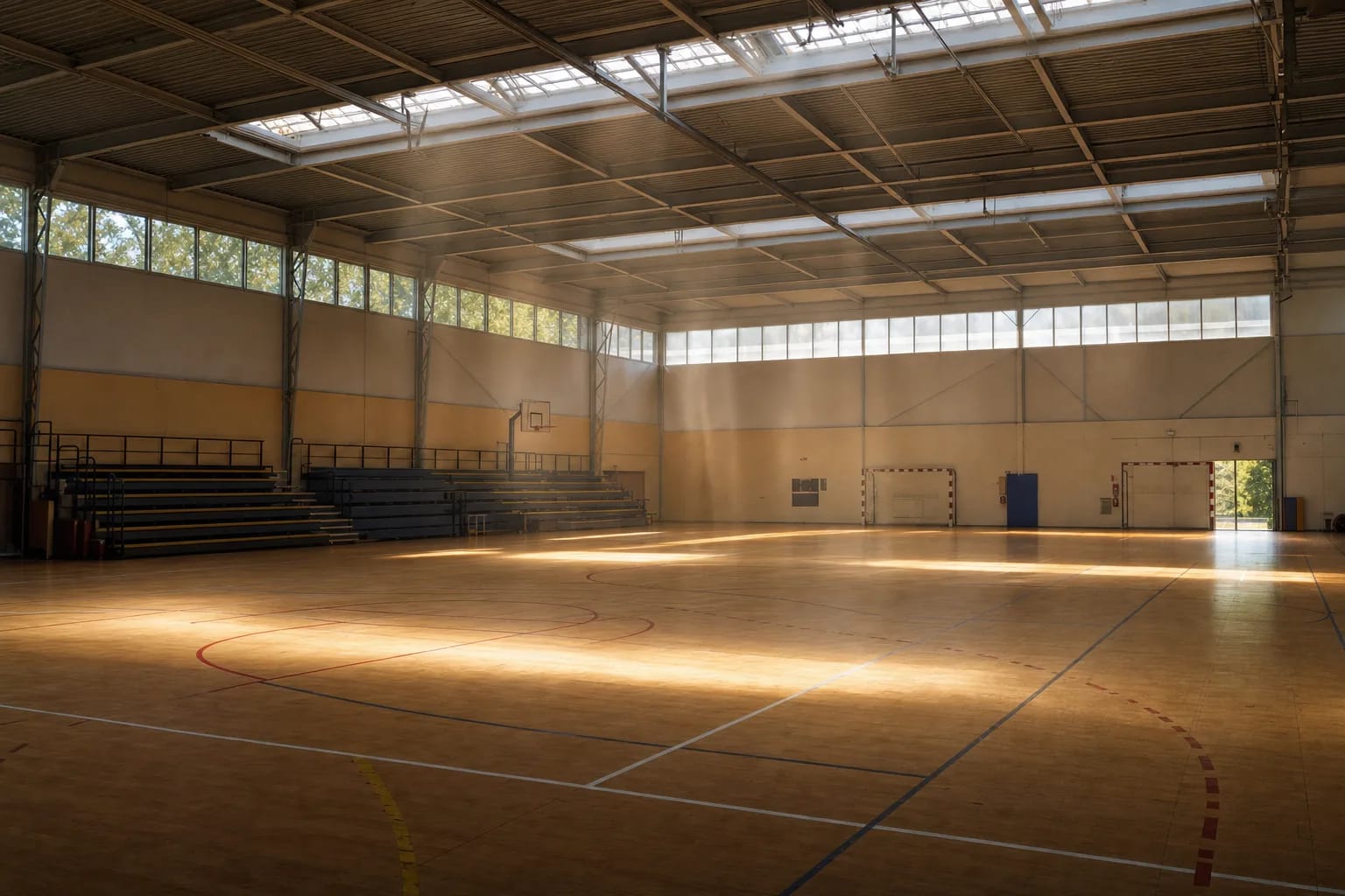 Polideportivo escolar de gran volumen sin climatización durante una ola de calor